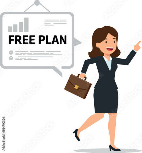 Businesswoman In Suit Points To Free Plan Presentation Whiteboard Vector