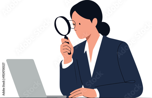 Businesswoman Analyzing Data on Laptop with Magnifying Glass Minimal Illustration