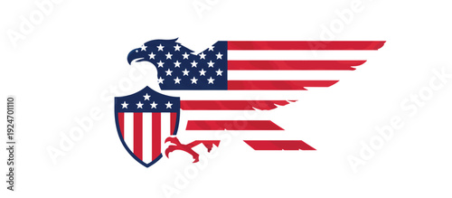 American eagle with shield and USA flag pattern. Patriotic vector logo symbol. Stylized independence day illustration