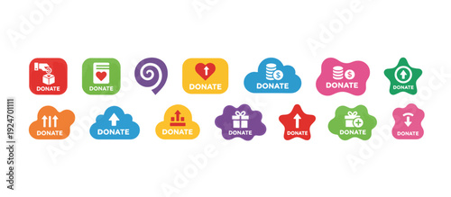 Colorful donation button icon set. Flat design charity and giving symbols. Vector illustration isolated on transparent background