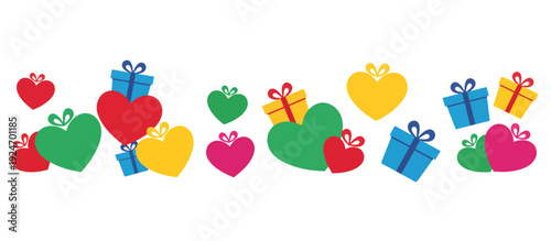 Colorful hearts and gift boxes border. Celebration and holiday decoration element. Flat design vector illustration