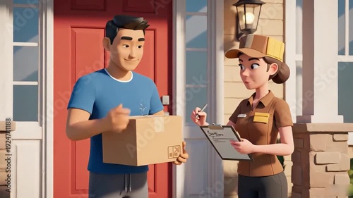 Delivery Person Hands Package to Man at Front Door.