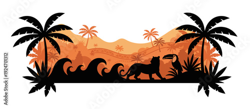 Tropical jungle landscape with panther and toucan silhouettes. Flat design vector illustration. Exotic nature scene isolated on transparent background