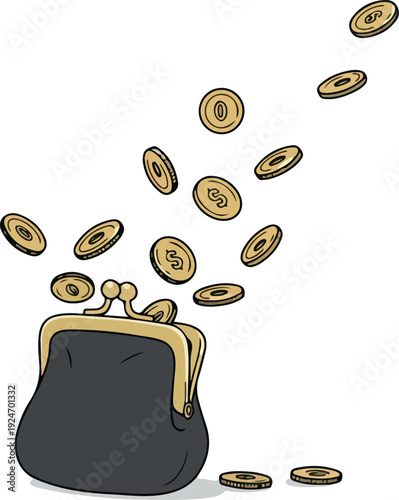 Coins Falling Into Dark Gray Coin Purse Isolated White Background