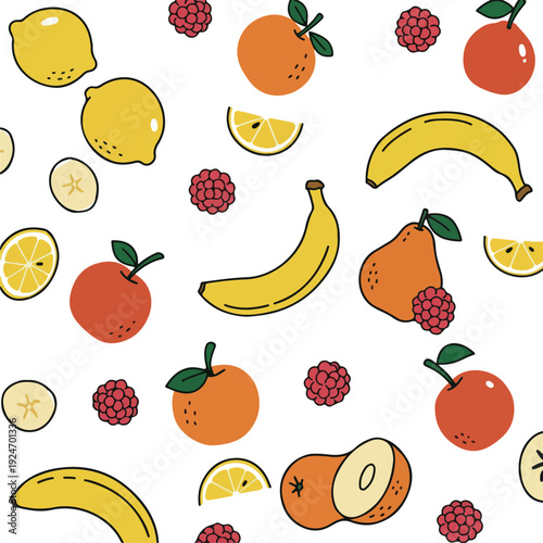 Colorful Assorted Fruits Pattern With Bananas Oranges Lemons Raspberries Isolated White