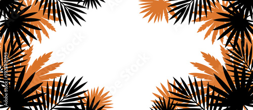 Tropical palm leaf frame and flat lay concept. Flat design vector illustration. Black and orange foliage border isolated on transparent background