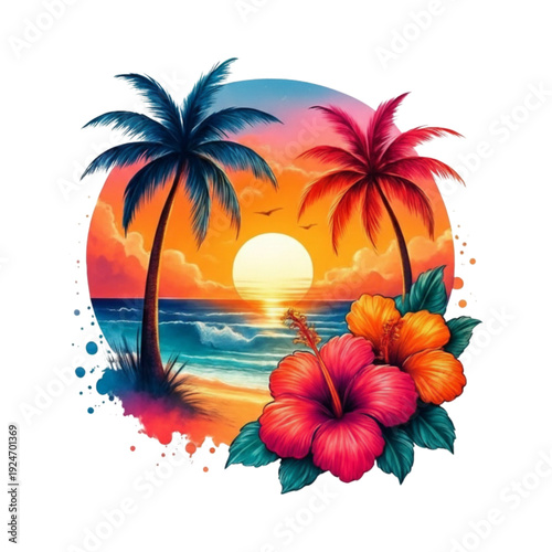 Tropical Sunset Scenery Vector with Hibiscus Flowers