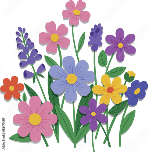 Colorful Floral Arrangement with Lavender and Daisies Flat Design Vector