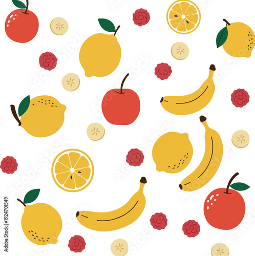 Colorful Flat Design Fruit Pattern with Bananas Lemons Apples and Raspberries