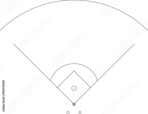 Baseball field outline with foul lines, infield arc, pitcher’s mound circle, batter’s boxes, and catcher’s box, top view – vector line markings (MLB-style)