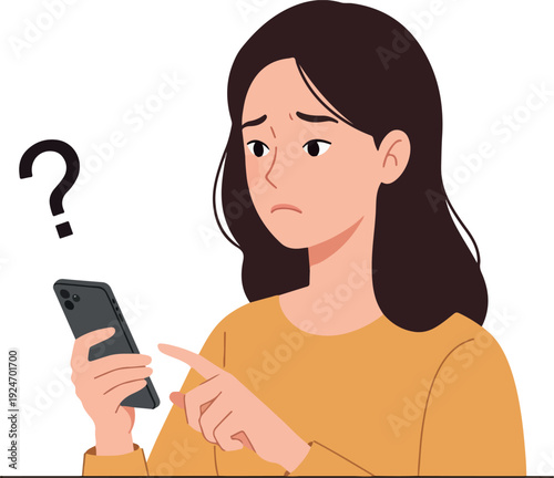Confused Woman Holding Smartphone Question Mark Vector