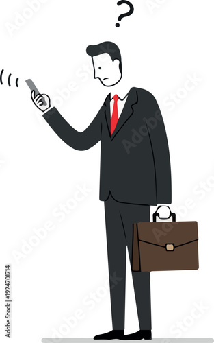 Confused Businessman In Suit With Briefcase Holding Ringing Phone