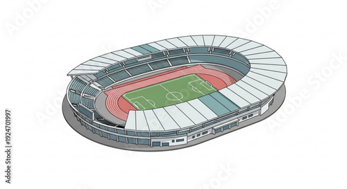 Large soccer stadium with green field and white roof sections on a gray background for sports events