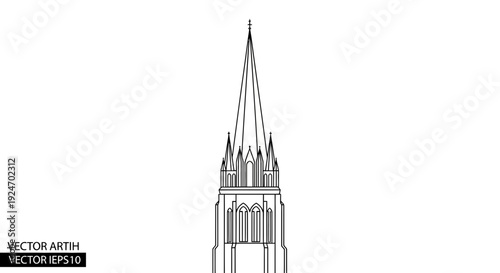 Gothic Church Steeple Line Art Vector Illustration