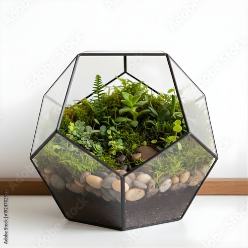 Modern Geometric Glass Terrarium with Lush Succulents and Moss