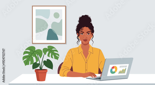 Diverse Female Entrepreneur Working at Minimalist Desk Vector