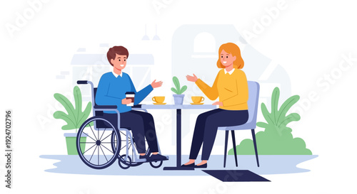 Friendship Coffee Meetup with Wheelchair User Cafe Vector
