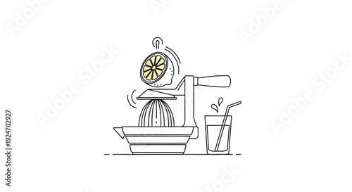 Fresh Lemon Juice Squeezed with Manual Juicer, Glass of Drink with Straw, Line Art
