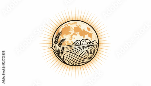 Farm Landscape with Moon and Wheat Field, Rural Scene, Harvest Concept