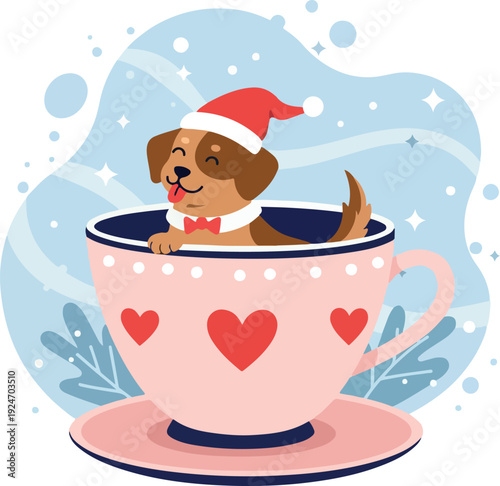 Cute Dog In Coffee Cup Christmas Hat Flat Vector Minimal Illustration