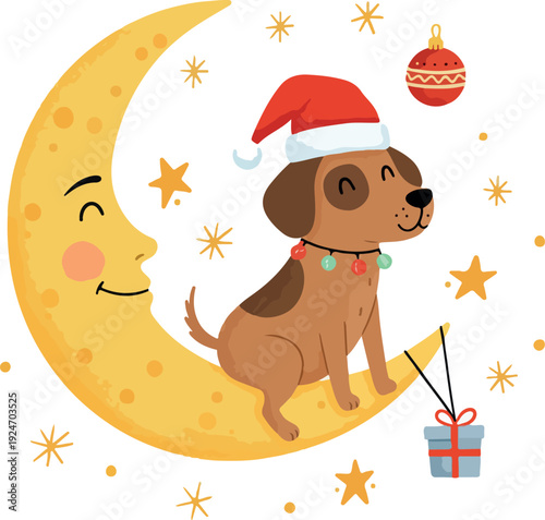 Cute Dog in Santa Hat Sits on Crescent Moon with Gift and Stars