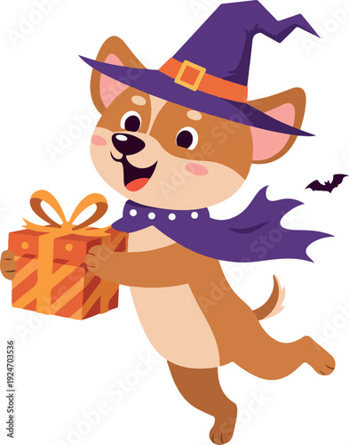 Cute Dog In Witch Hat Holding Gift For Halloween