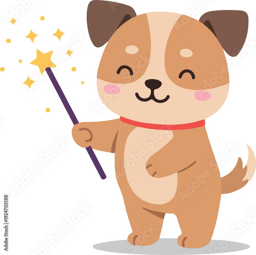 Cute Dog With Magic Wand Sparkles Flat Design Icon