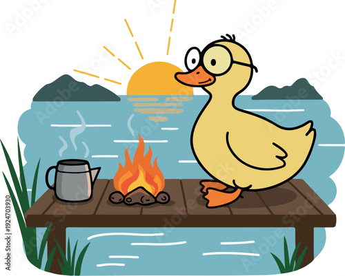 Cute Duck Sits By Campfire And Coffee Sunrise Lake Water Background