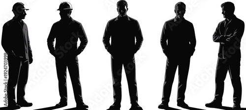 Silhouette construction workers and business professionals standing together symbolizing teamwork, diversity, workplace collaboration, industry roles, and occupational contrast