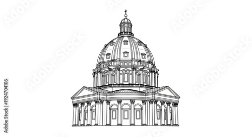 Classical Dome Architecture Sketch - Historic Building Facade with Columns and Arches
