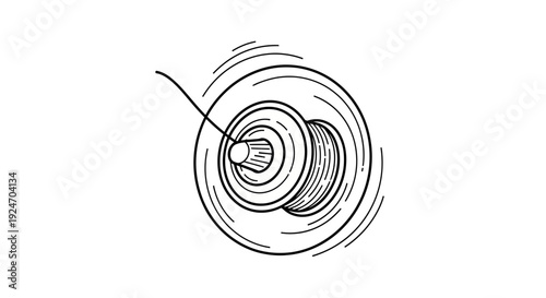 Close-up of a spinning spool of thread with a needle, black and white sketch