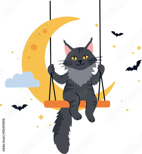 Cute Fluffy Cat Swinging On A Crescent Moon Halloween Night Flat Design