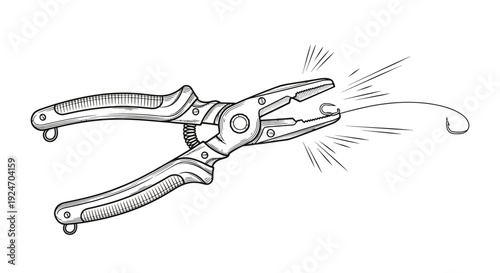 Close-up of fishing pliers cutting fishing line with a hook, action shot