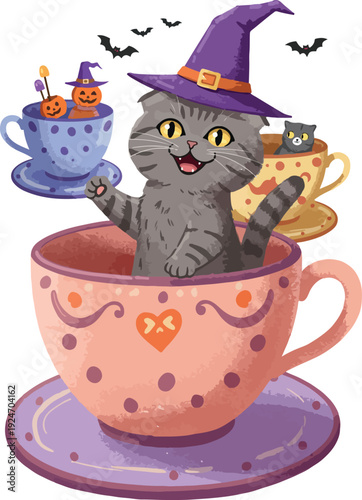 Cute Fluffy Cat in Witch Hat Sits in Teacup Halloween Pumpkins Bats