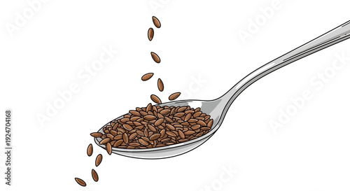 Close-up of flax seeds falling onto a spoon, healthy food ingredient, macro shot