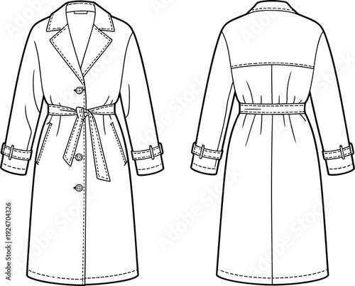 Technical fashion illustration of classic trench coat front and back views with detailed stitching, seam placements, belted waist, lapel collar, and garment construction design elements