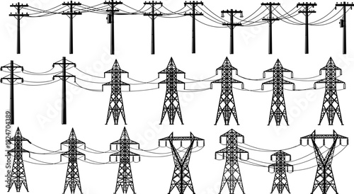 Large black silhouette collection of high voltage electric transmission towers, industrial utility poles with overhead power lines, and energy grid