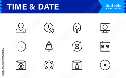 Timeless Time & Date Line Icon Set: Professional, Editable, Pixel-Perfect Collection