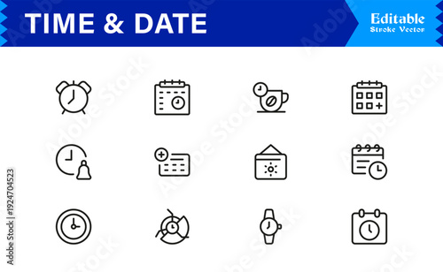 Timeless Time & Date Line Icon Set: Professional, Editable, Pixel-Perfect Collection