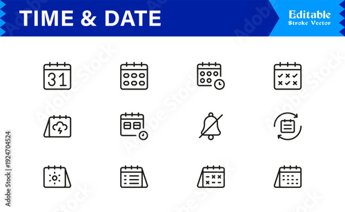 Timeless Time & Date Line Icon Set: Professional, Editable, Pixel-Perfect Collection