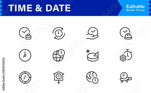 Timeless Time & Date Line Icon Set: Professional, Editable, Pixel-Perfect Collection