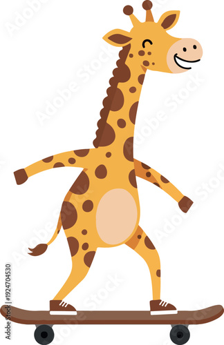 Cute Giraffe Character Riding Skateboard Fun Cartoon Style