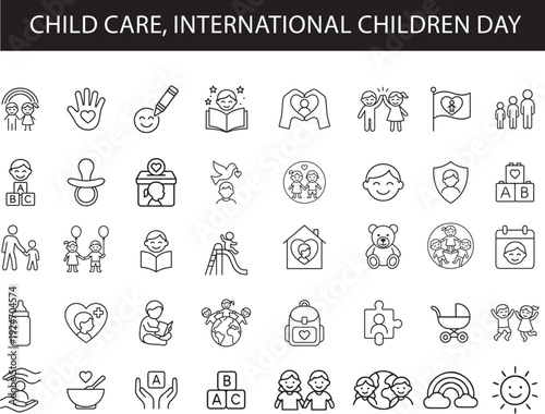 Child Care Line Icons Set, International Children Day Kid Rights Parenthood Outline Vector