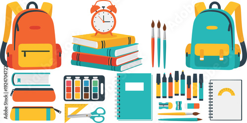 Back to school stationery items, colorful backpacks, books, alarm clock, paint brushes, markers, notebooks, pencils and art supplies vector illustration, commas.
