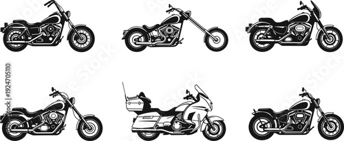 Classic chopper and touring motorcycle silhouette set custom cruiser bikes vector illustration isolated on white background transport collection