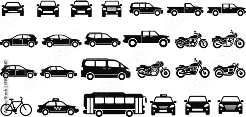 Transportation vehicle icons set cars motorcycles bus taxi bicycle pickup truck silhouettes vector illustration isolated on white background