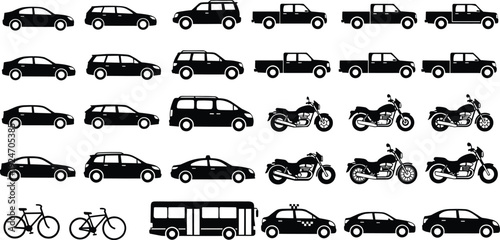 Transportation vehicle silhouette collection cars motorcycles bus taxi bicycle pickup truck vector icons isolated on white background set