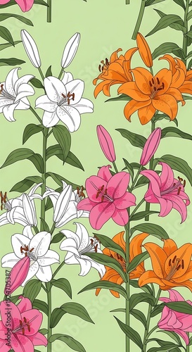 Botanical Bliss: Vibrant Lily Pattern Illustration.