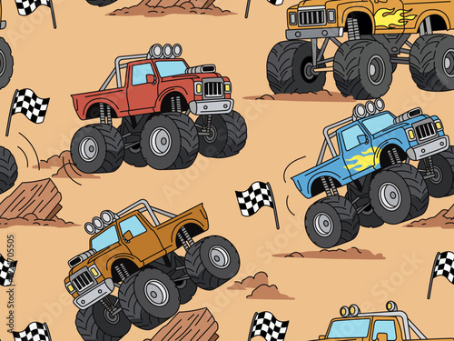 cartoon monster trucks seamless pattern automobile illustration car