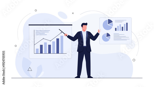 Businessman presenting financial data charts and graphs on screens, business analysis